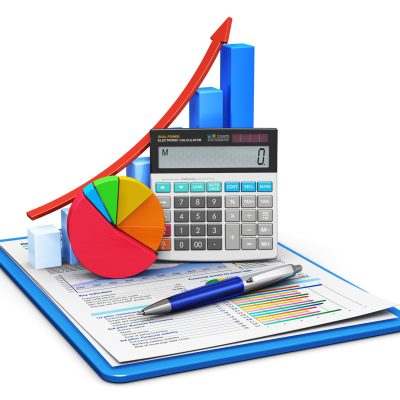 Business finance, tax, accounting, statistics and analytic research concept: office electronic calculator, bar graph and pie diagram and pen on financial reports in clipboard with colorful data isolated on white background